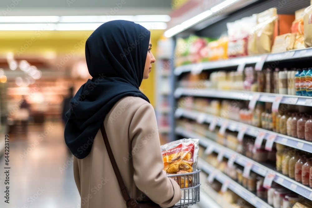 Wall mural attractive middle eastern young woman wearing a hijab shopping at a supermarket