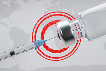Syringe extracting vaccine from a vial circled by red circles on a white world map. Illustration of the concept of vaccination and pharmaceutical industry - obrazy, fototapety, plakaty