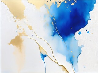 Blue and metallic gold watercolor on a white background. The color splashes on the paper background