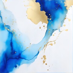 Blue and metallic gold watercolor on a white background. The color splashes on the paper background