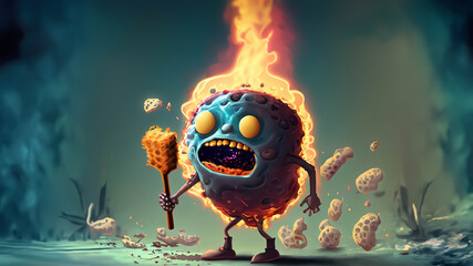 Fasting and autophagy concept: Cell cartoon character burning body fat 