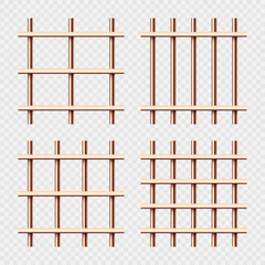 Various shiny metal prison bars collection. Realistic detailed jail cage, prison iron fence. Criminal background mockup. Vector illustration