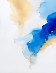 Obraz premium Blue and metallic gold watercolor on a white background. The color splashes on the paper background