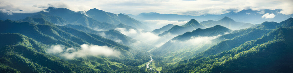 Cloud forest landscape panorama in a tropical mountainous region, aerial view