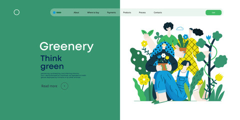Greenery, ecology -modern flat vector concept illustration of people surrounded by plants and flowers. Metaphor of environmental sustainability and protection, closeness to nature © grivina