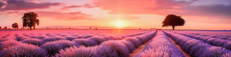 Fototapeta premium Lavender fields during sunset, with vibrant purple lavender flowers in full bloom, landscape panorama