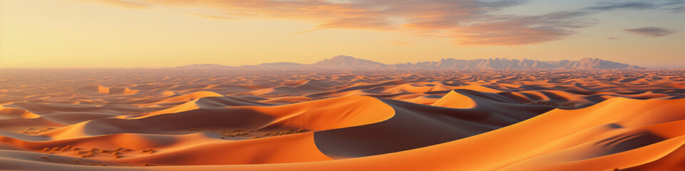 Fototapeta na wymiar A breathtaking aerial panorama of sand dunes basking in the warm, golden glow of the setting sun