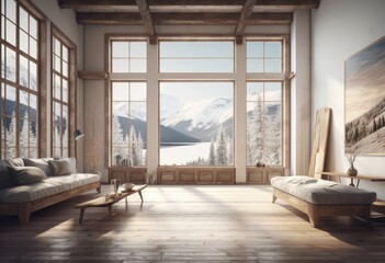 Beautiful rustic cottage with wooden walls and ceilings. Big window with vue on lake and forest on a sunny day. Scandinavian interior design. AI Generative.