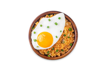 Kimchi fried rice with fried egg and scallion sprinkle on a white isolated background