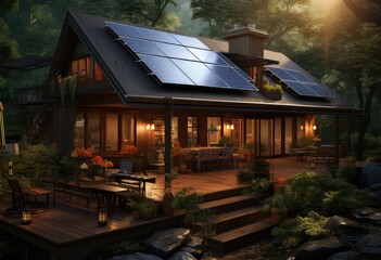 sztuka komputerowa ukazująca dom z instalacją fotowoltaiczną, villa zielona energia