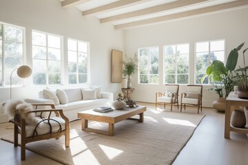 Bright, airy living room with ample natural light, tall ceiling, and furniture blending into the warm whitewashed walls. Generative AI