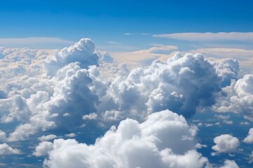 A scenic view of a clear blue sky adorned with fluffy white clouds. Generative AI