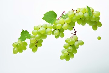 White background with flying grapes, ideal for packaging and advertising. Focus throughout the image. Generative AI