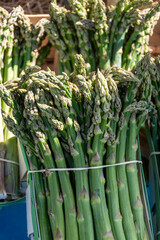 Fresh raw green asparagus vegetables for sale in french Provencal farmers market in Arles, France