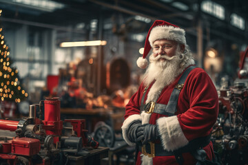 Obraz premium Old Gentle, kind, chubby and smiling Santa Claus with mechanical red suit stand in busy factory which decorated by christmas ornament during christmas time. 