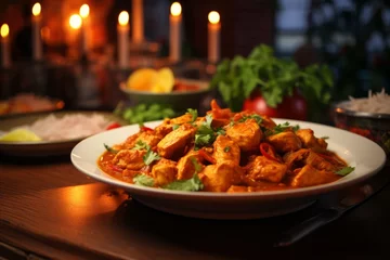 Fotobehang a delicious dish of homemade indian chicken curry in an indian erstaurant © urdialex