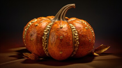 pumpkin on a dark background with autumn leaves, still life. Halloween concept with a copy space.