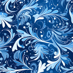 Blue seamless floral pattern background with flowers and swirls