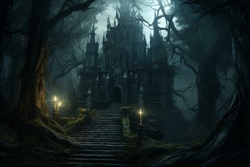 Eerie castle hidden within a mystical forest. Generative AI