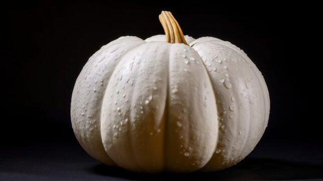 White pumpkin on a black background with water drops. Close-up. Halloween concept with a copy space.