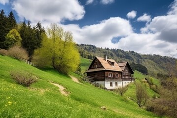 Mountain chalet surrounded by spring landscape. Generative AI