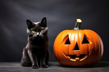 Scary halloween pumpkin Jack-o-lantern and black cat