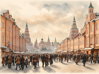 Naklejka premium Fantastic landscape of the city of Moscow. A large street with architecture and people. Sketch in the graphic style of wet watercolor.