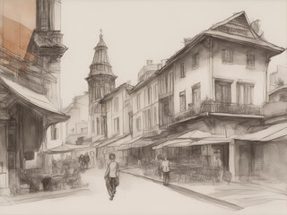 Streets of old Istanbul with people and an oriental bazaar. Sketch in the graphic style of wet ink.