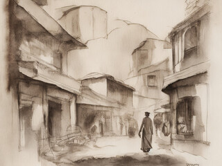Fantastic Streets of old Istanbul with people and an oriental bazaar. Sketch in the graphic style of wet ink.