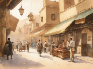 Streets of old Istanbul with people and an oriental bazaar. Sketch in watercolor style.
