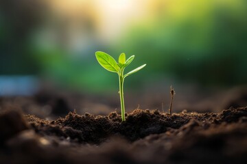 Fototapeta premium a green sprout growing from the soil under sunlight