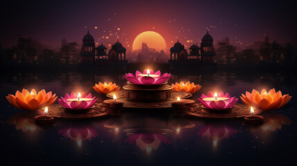 Candles lights and city bokeh background celebrate Indian Holiday Diwali. AI Generative.