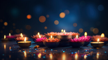 Candle light and bokeh background celebrate Indian Holiday Diwali. AI Generative