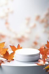 Empty podium or pedestal for cosmetic products in autumn scene. Autumn cosmetics template. AI Generative.