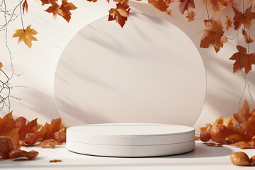 Empty podium or pedestal for cosmetic products in autumn scene. Autumn cosmetics template. AI Generative.