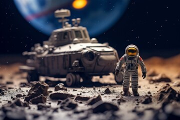toy astronaut with a spacesuit  in the surface of the moon with a background behind 