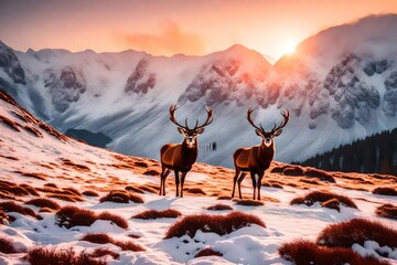 Composite image of red deer stag in Majestic Alpen Glow hitting mountain peaks in Scottish Highlands during stunning Winter landscape sunrise  