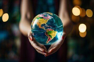 Fototapeta premium young woman hands holding an earth globe made of glass