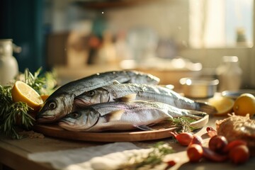 fresh fish on a kitchen table rady to eat - obrazy, fototapety, plakaty