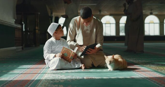 Quran, child and man teaching in a mosque for praying, peace and spiritual care in holy religion for Allah. Reading book, learning or Muslim person with tablet, kid or education to help worship God
