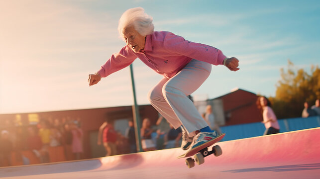 A 80 years old lady skateboarder jumping in the skate park