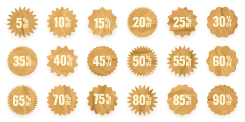 Crumpled paper price tags. Special offer or shopping discount label with percent, discount percentage value. Retail sticker with cardboard texture. Promotional sale badge. Vector illustration