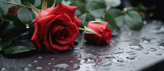 Beautiful red flowers, roses, over marble background. Bouquet of flowers at cemetery , funeral concept.