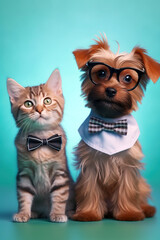 Naklejka premium Cat and dog dressed in funny outfits