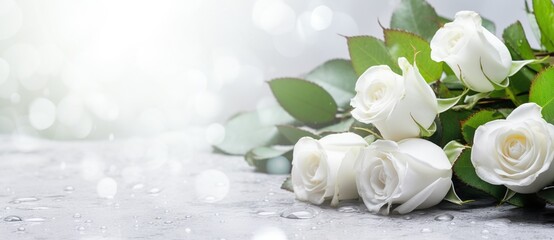 Beautiful white flowers, roses, over marble background. Bouquet of flowers at cemetery , funeral concept. - obrazy, fototapety, plakaty