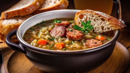 Sausage and Lentil Soup - A hearty soup made with sausage, lentils, and vegetables like carrots and celery, often flavored with herbs like thyme and rosemary. - 644228529