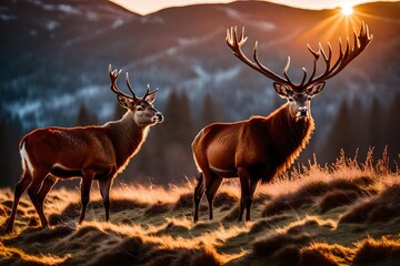 Red stag composite taken as the sun rises over the Scottish Highlands during the majestic Alpen Glow during a beautiful winter scene  