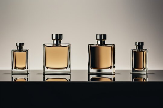 Collection of transparent multi color glass perfume bottles on a light background. Art composition still life. Stylish parfumerie banner.