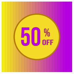 Up to 50 percent off. Vector design with yellow circle and gradient background and texture.