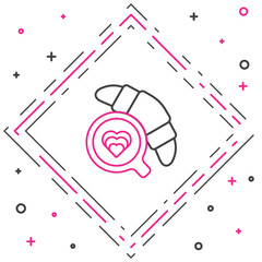 Line Coffee cup with croissant icon isolated on white background. Tea cup. Hot drink coffee. Colorful outline concept. Vector